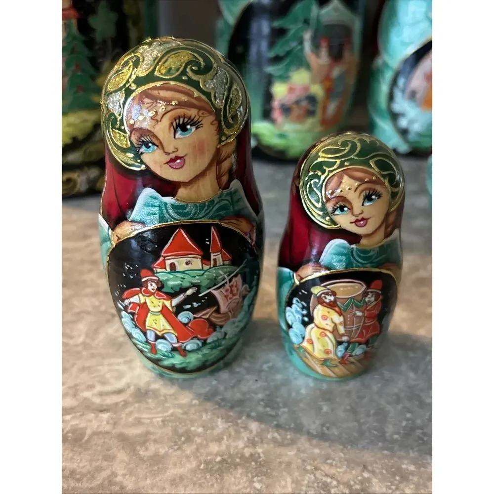 VTG Hand Made Russian Matryoshka Nesting Doll 7 Pc 9” Fairytale Gold Gilt Roses
